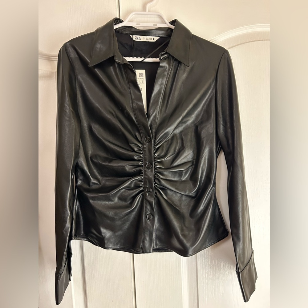 Zara Pleather Ruched Blouse, Black, Size 12 - NEW